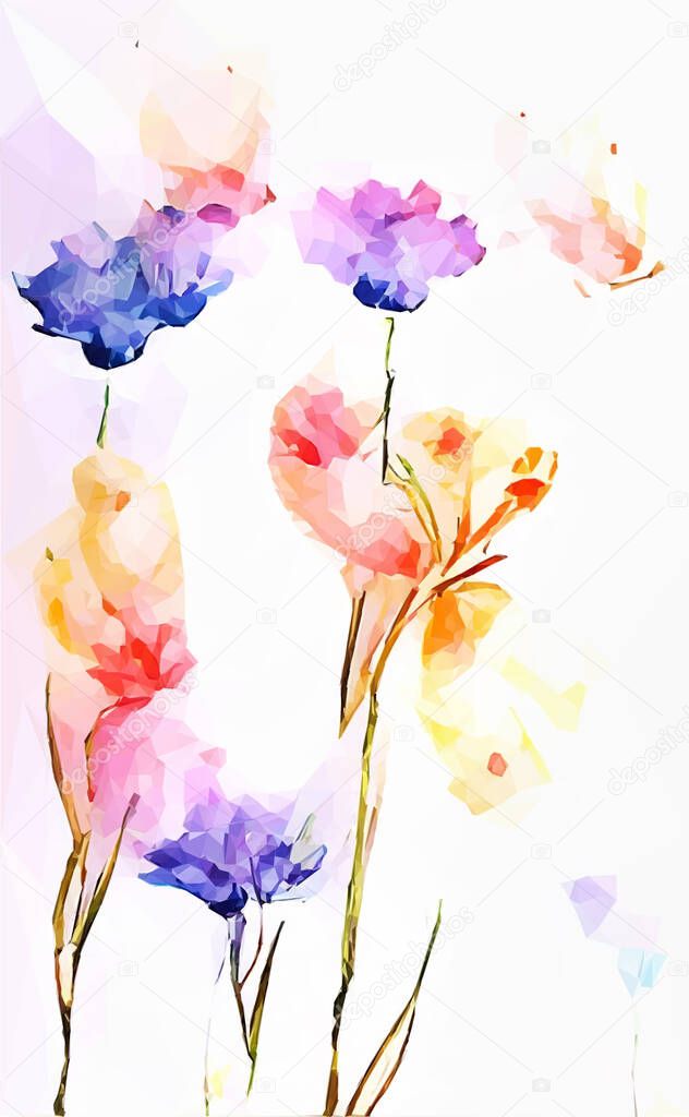 A vertical shot of a painted in watercolor rose with golden and purple colors