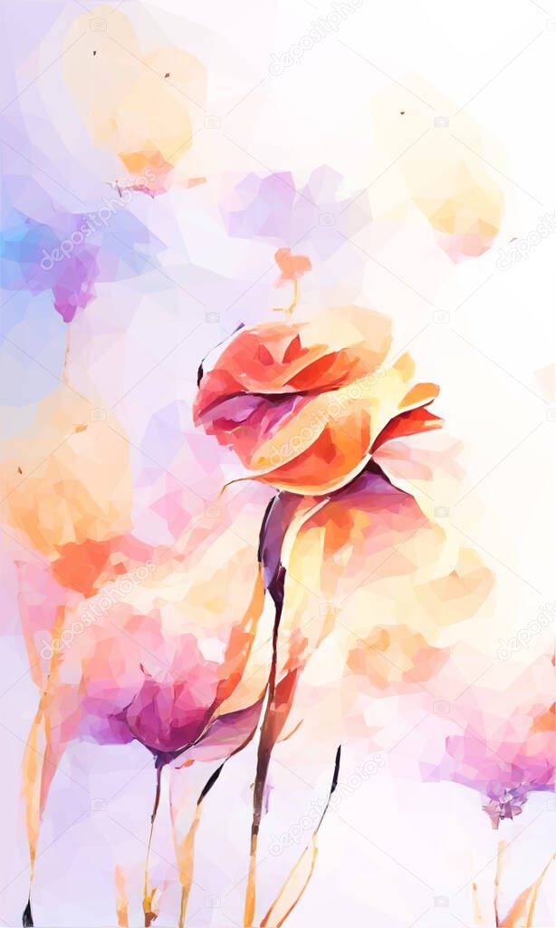 A vertical shot of watercolor flowers with yellow pink and brown tips and butterfly