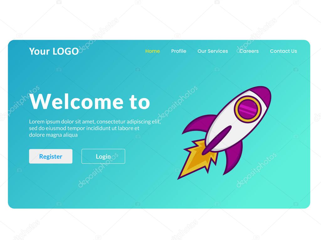 Tech-themed Landing Page Website UI with rocket vector icon