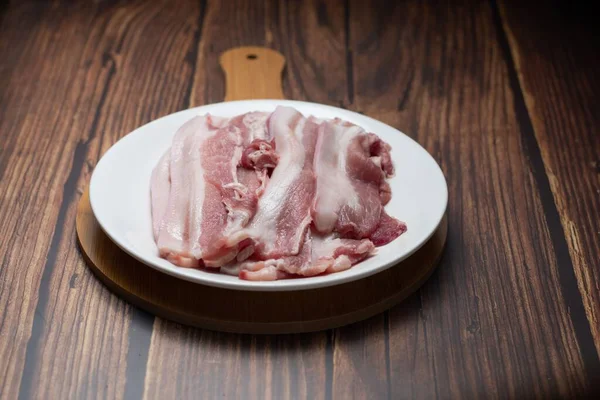 Thin Slices Korean Pork Belly Skin Wooden Board — Stock Photo, Image