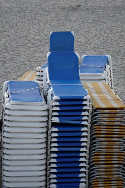 Vertical Shot Stacks Blue Sunbeds — Stock Photo, Image