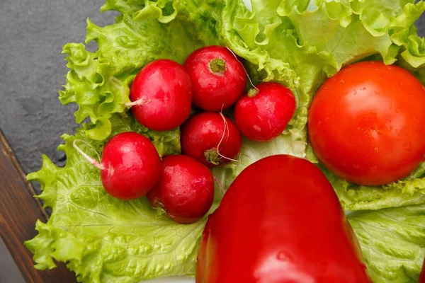Närbild Färska Grönsaker Röd Paprika Rädisa Tomat Gröna Salladsblad Mörk — Stockfoto
