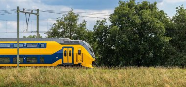 Hollanda 'daki yeşil alanda demiryolu üzerinde NS şehirlerarası treninin güzel bir çekimi.