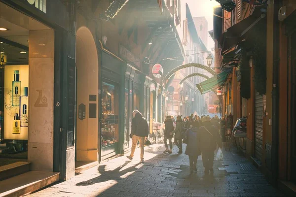 Busy Street Morning Sunlight Shining Crowd People Bologna Italy — Stock Photo, Image