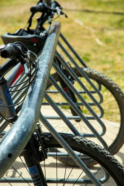 Eine Vertikale Aufnahme Von Geparkten Fahrrädern Einem Park — Stockfoto