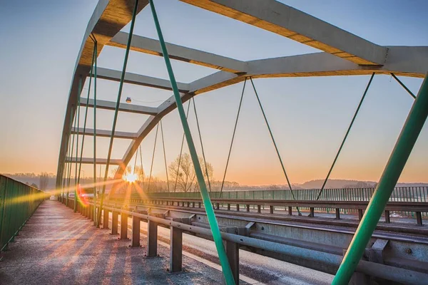 Une Vue Panoramique Depuis Pont Suspendu Lever Soleil — Photo