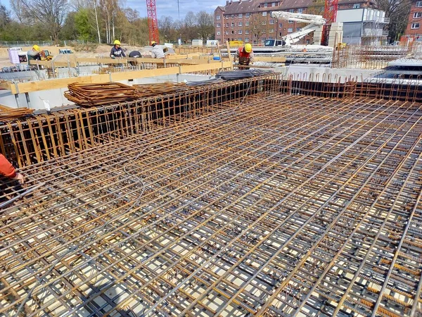 Construction Site Concrete Reinforcement Steel Grounding Foundation Hamburg Germany — Stock Photo, Image