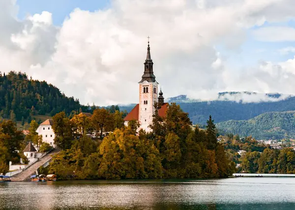 Bela Ilha Bled Eslovênia Com Igreja Barroca Cercada Por Árvores — Fotografia de Stock