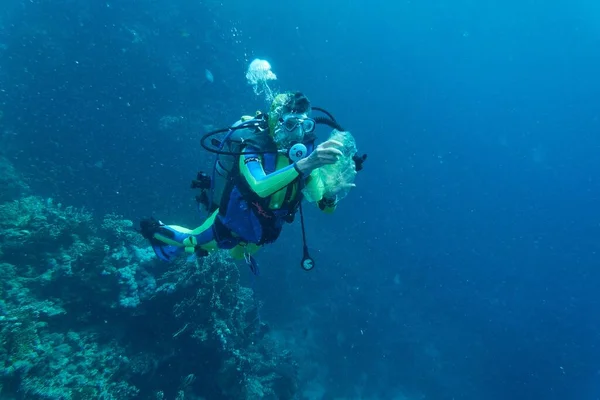 Mısır Daki Kızıl Deniz Den Plastik Toplayan Bir Dalgıcın Güzel — Stok fotoğraf