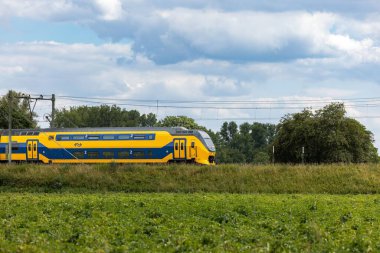 Hollanda 'nın manzaralı kırsalından geçen şehirlerarası bir trenin görüntüsü