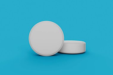 3D illüstrasyon Gerçekçi beyaz ilaç hapları veya haplar mavi arka planda izole edilmiş gölgeli.