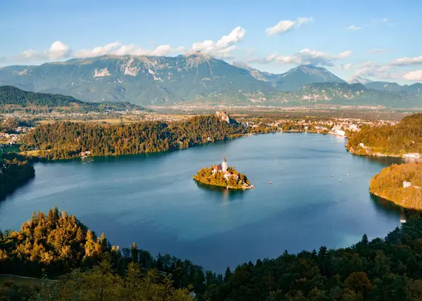 Luftaufnahme Der Bleder Insel Slowenien Umgeben Von Einem See Und — Stockfoto