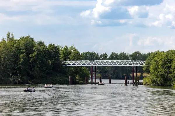 Beautiful View Bridge Trees People Boats Maas River Netherlands — Stock Photo, Image