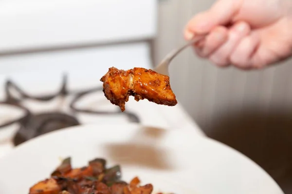 Piece Bbq Chicken Fork White Plate — Stock Photo, Image