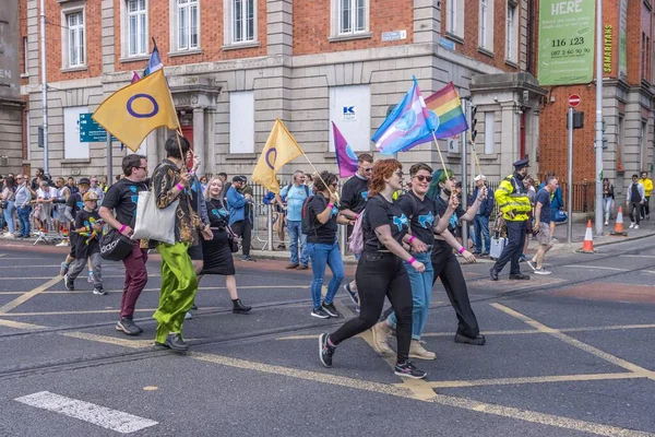 Eine Gruppe Von Menschen Mit Regenbogenfahnen Beim Pride Festival Dublin — Stockfoto