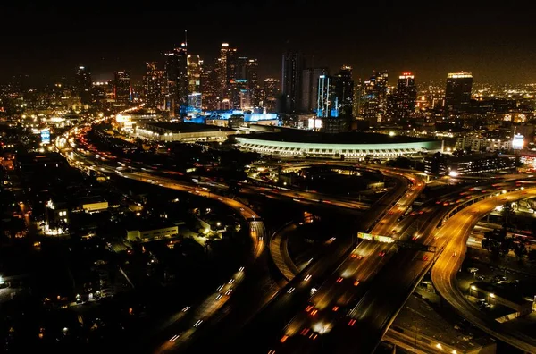 Antenne Uitzicht Het Centrum Van Los Angeles Gebouwen Snelwegen Nachts — Stockfoto