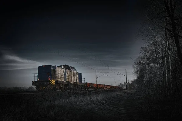 Tren Carga Los Ferrocarriles Bajo Cielo Gris Nublado Por Noche — Foto de Stock