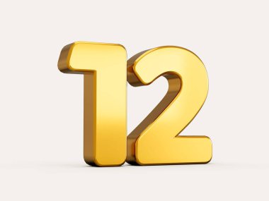 Bej arka planda gölgeyle izole edilmiş 12 ya da 12 numaralı altın rakamın 3D çizimi.