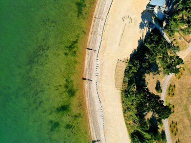 Çayırla yeşil ağaçlar arasındaki kumlu yolun hava görüntüsü.