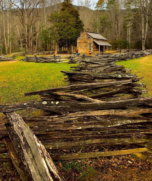 Vertical Shot Old Wooden Hut Surrounded Pile Old Tree Logs — Stock Photo, Image