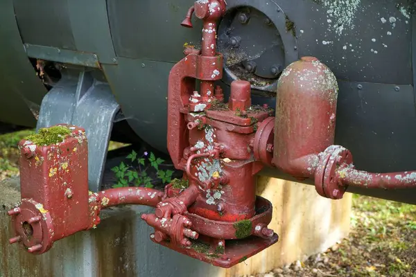 Primer Plano Vieja Bomba Agua Roja Cubierta Musgo —  Fotos de Stock