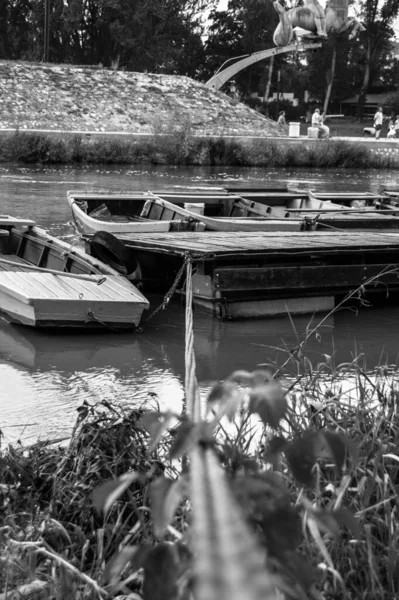 Eine Vertikale Graustufe Alter Boote Auf Dem Dock — Stockfoto