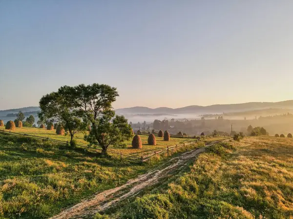 Malebný Pohled Venkovskou Oblast Plnou Zeleně Horami Pozadí Při Západu — Stock fotografie