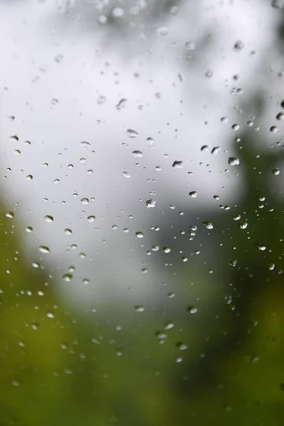 Colpo Verticale Gocce Acqua Vetro Con Foresta Sfocata All Orizzonte — Foto Stock