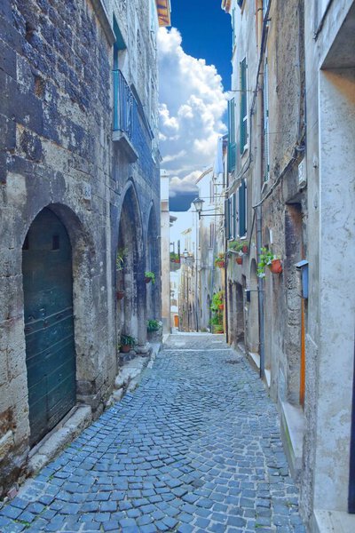 A vertical shot of a narrow street with vintage buildings in Guarcino, Italy