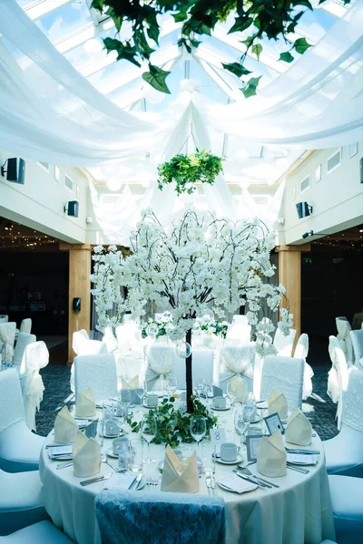 Pequeño Árbol Decoración Flores Blancas Mesa Con Copas Una Sala — Foto de Stock