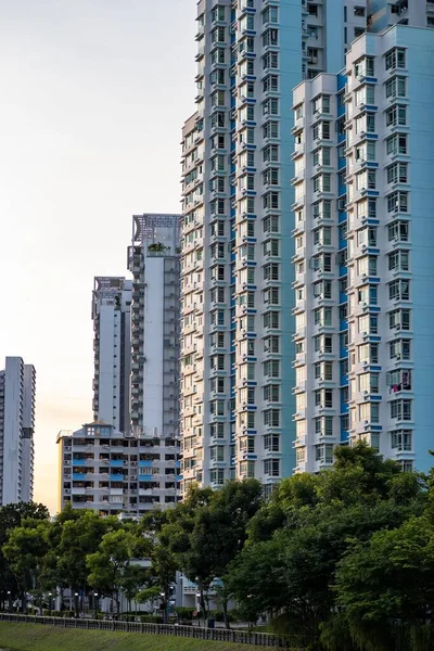 Apartman Bloklarına Karşı Gün Batımının Dikey Görüntüsü — Stok fotoğraf