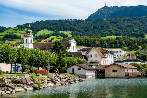 Scenic View Houses Kussnacht Village Background Mountain Rigi Switzerland — Stock Photo, Image
