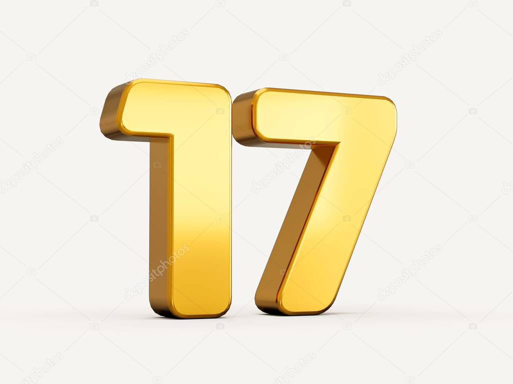 3d illustration of golden number 17 or seventeen isolated on beige background with shadow.
