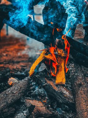 Yabanda odunları yakan alevlerin dikey çekimi