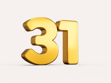 Beyaz arka planda gölgeyle izole edilmiş 3D altın numara 31 veya 31. ağ ve yazdırma için
