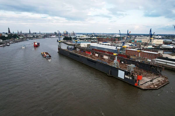 Une Vue Aérienne Port Hambourg Avec Des Navires Industriels — Photo