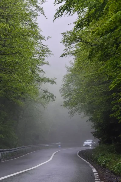 Coche Blanco Está Conduciendo Carretera Las Montañas Capatyan Rumania — Foto de Stock