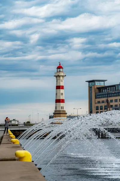 Vertical Shot Lighthouse Harbor Entrance Malmo Sweden — Stock Photo, Image