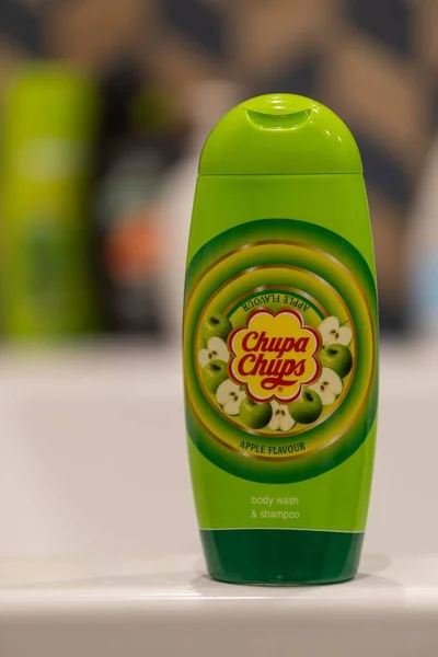 Closeup Shower Gel Apple Flavor Green Bottle — Stock Photo, Image