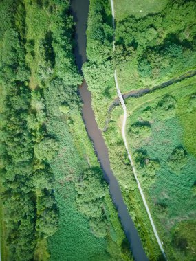 Uzun, dar nehrin yemyeşil alanlarda akan dikey hava manzarası.