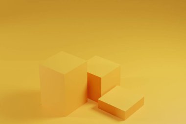 Ürün gösterimi için üç sarı küp podyum, geometrik formlu sarı arkaplan sahnesi. boş showcase 3d görüntüleme