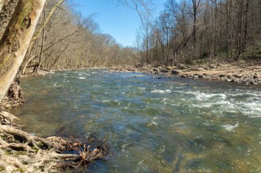 Patapsco Eyalet Parkı, Baltimore, Maryland 'de kayaların üzerinden akan bir nehrin manzarası