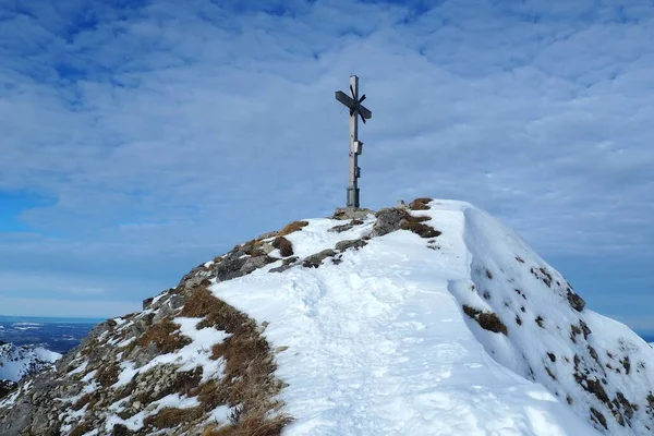 雪に覆われたScheinbergspitze Ammergau Alpsの山頂にある木製の十字架 — ストック写真