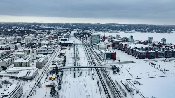 Вид Воздуха Железнодорожный Вокзал Йиваскиле Зимний Вечер Финляндии — стоковое фото