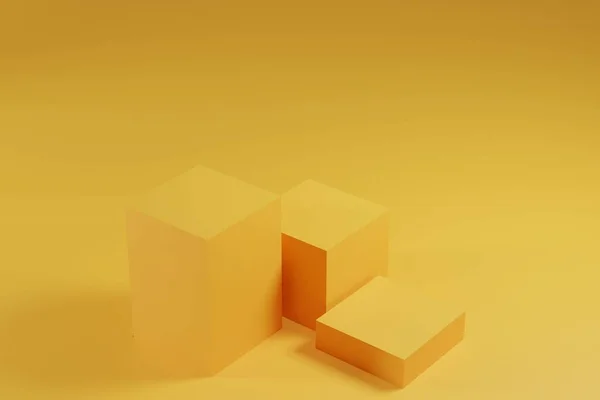 Τρείς Κίτρινοι Κύβοι Βάθρου Για Την Επίδειξη Προϊόντων Κίτρινη Σκηνή — Φωτογραφία Αρχείου