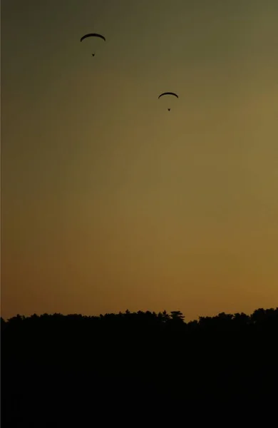 Uma Bela Cena Dois Parapente Voando Sobre Floresta Com Céu — Fotografia de Stock