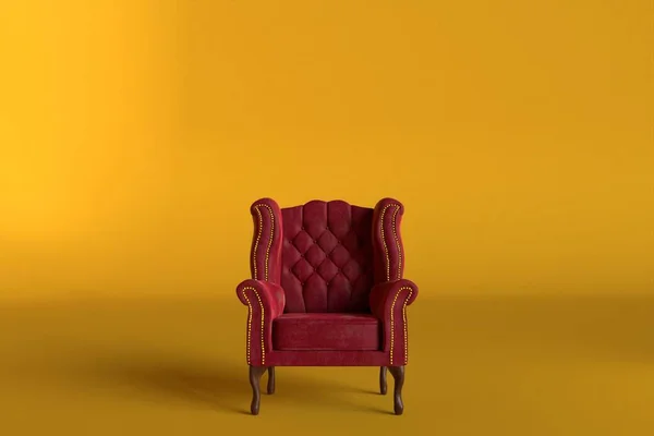 Czerwony Aksamitny Fotel Starego Designu Krótkich Nogach Wysokim Grzbietem Odizolowanym — Zdjęcie stockowe