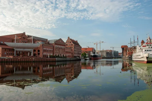 Reflection Cityscape Motlawa River Old Town Gdansk Polish Baltic Philharmonic — Stock Photo, Image