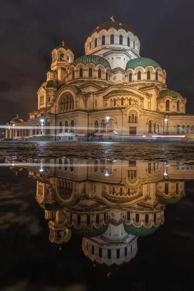 Krásná Sofia Katedrála Noci Odrazy — Stock fotografie