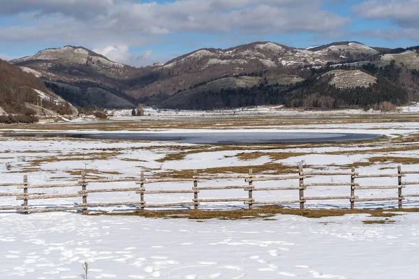 Bellissimo Scenario Innevato Del Lago Laceno Durante Inverno Bagnoli Irpino — Foto Stock